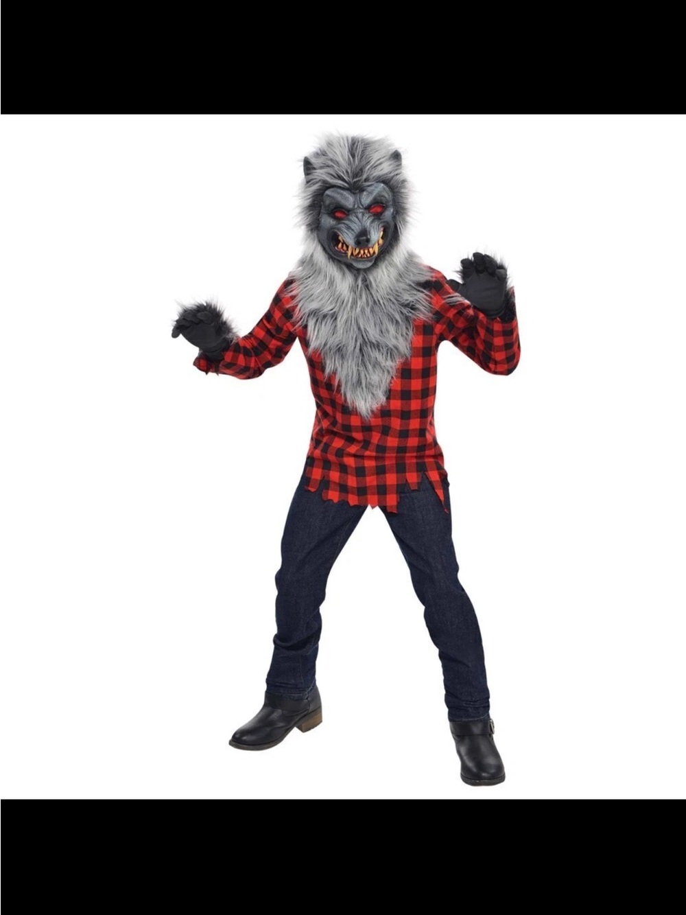 Kids Red Plaid Werewolf Costume with Gray Fur Mask kids 8-10